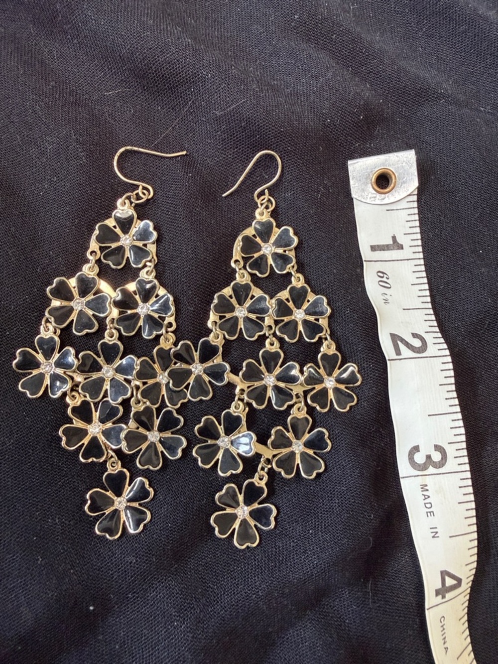 Gold Black Floral Chandelier Earrings - Women Jewelry